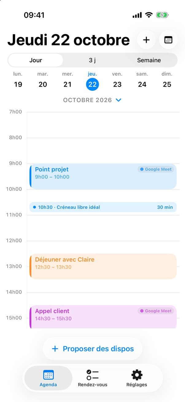 Capture HitMeUp : agenda du jour