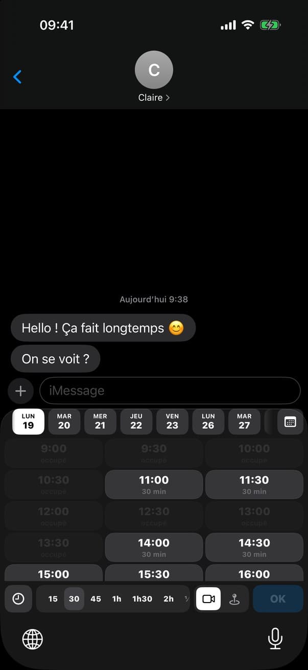 Capture HitMeUp : le clavier dans une conversation de démo