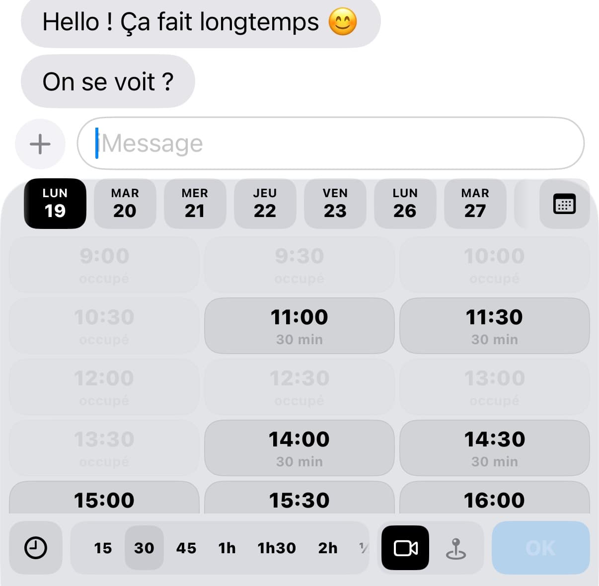 Capture HitMeUp : conversation de démo et barre des jours et des créneaux du clavier