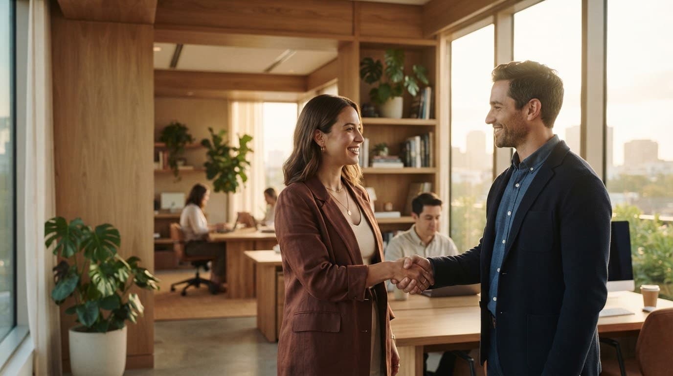 Deux collègues se serrent la main dans un bureau