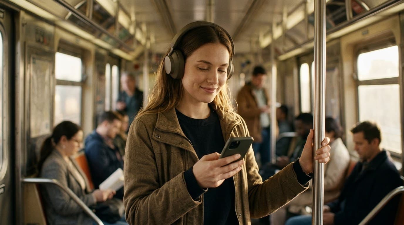 Une femme avec un casque regarde son téléphone dans le métro