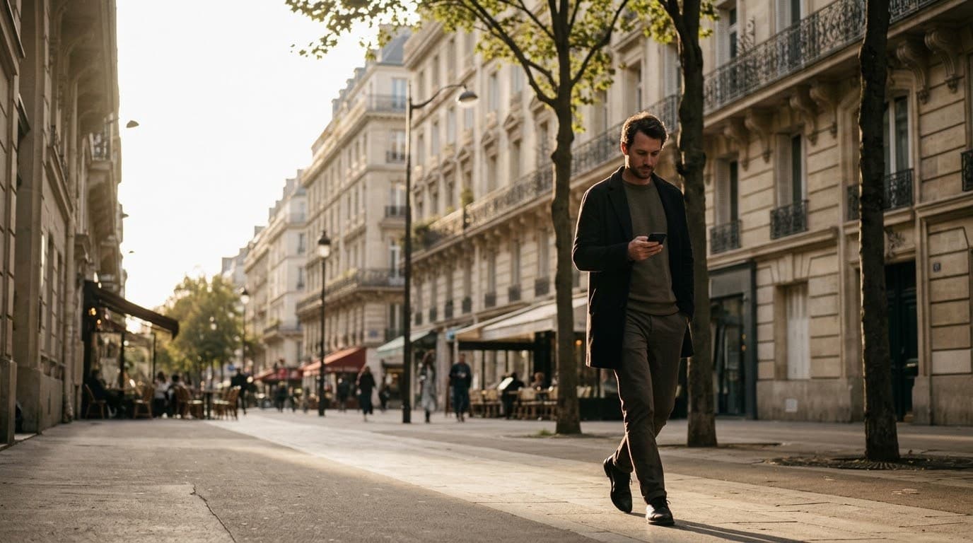 Un homme marche dans une rue ensoleillée, téléphone à la main